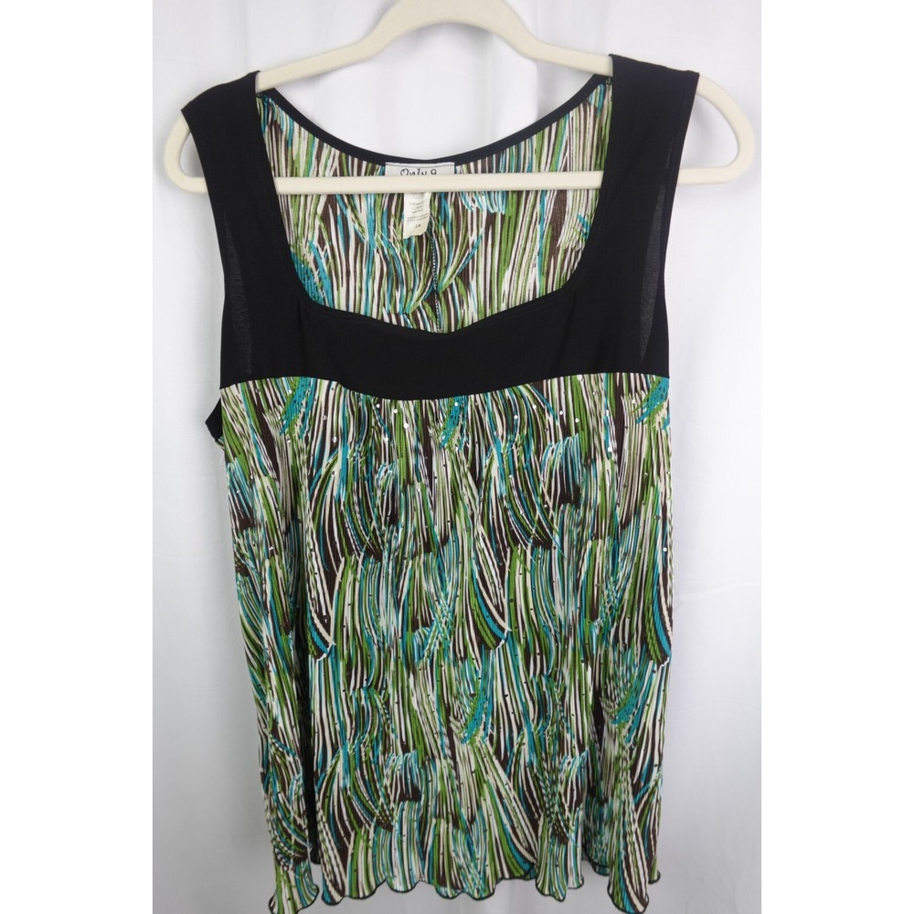 Only 9 Womens‎ Tank Top Size 2X Studs Green Black Art Print Sleeveless V-Neck